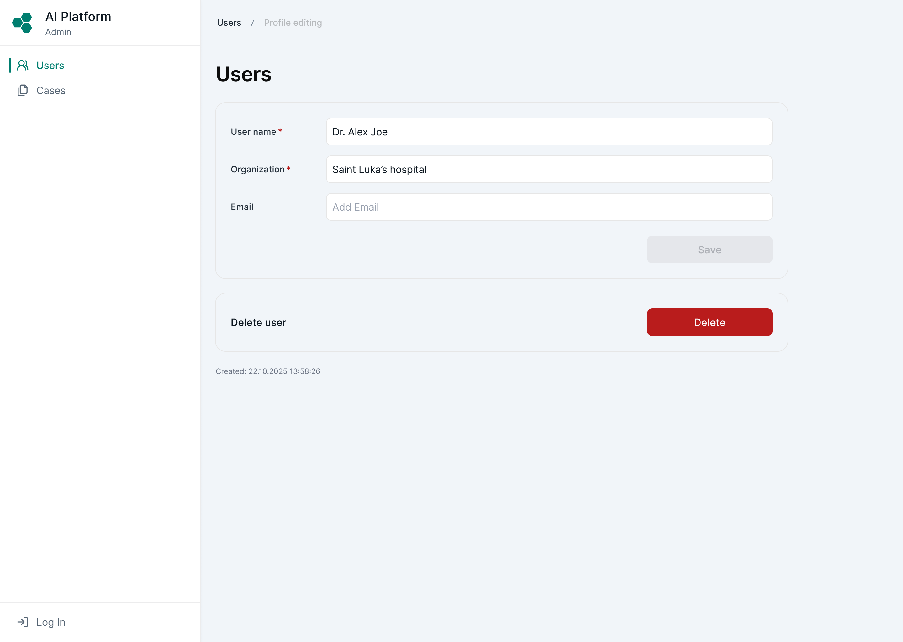 Admin panel — User profile editing