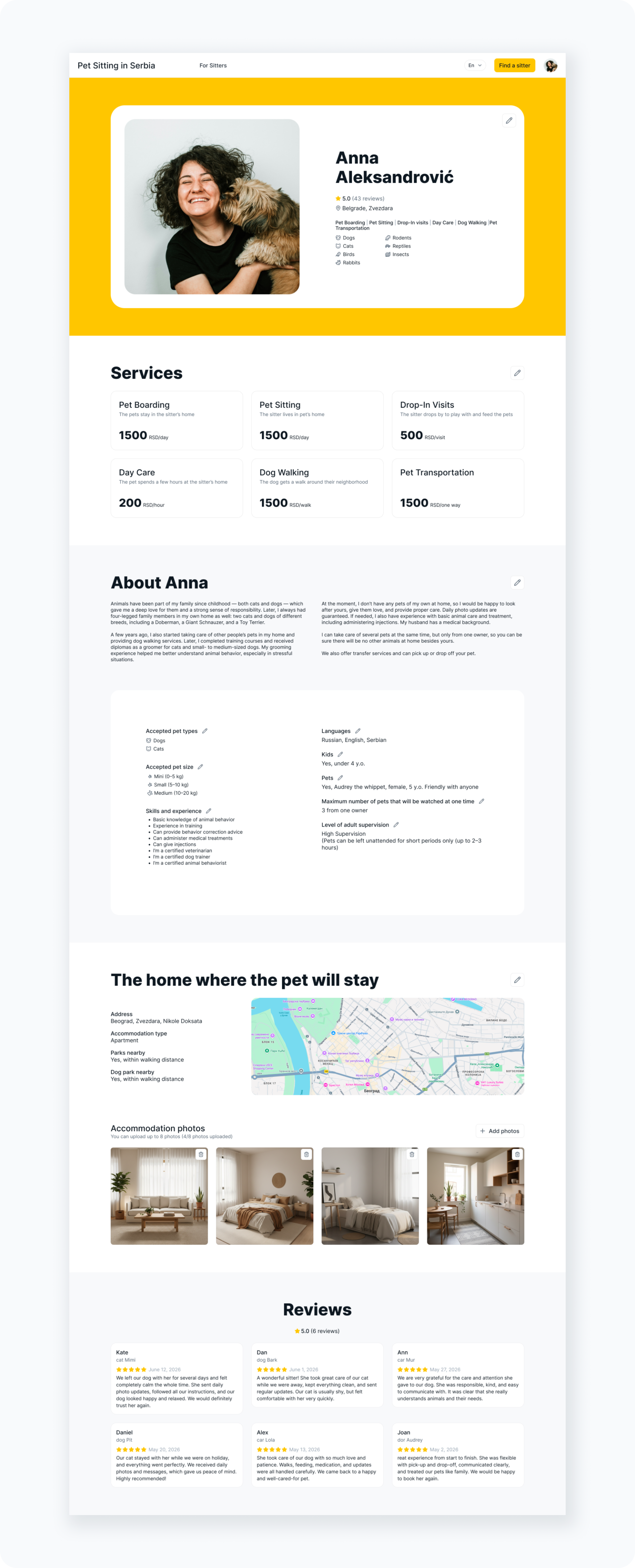 Sitter profile page